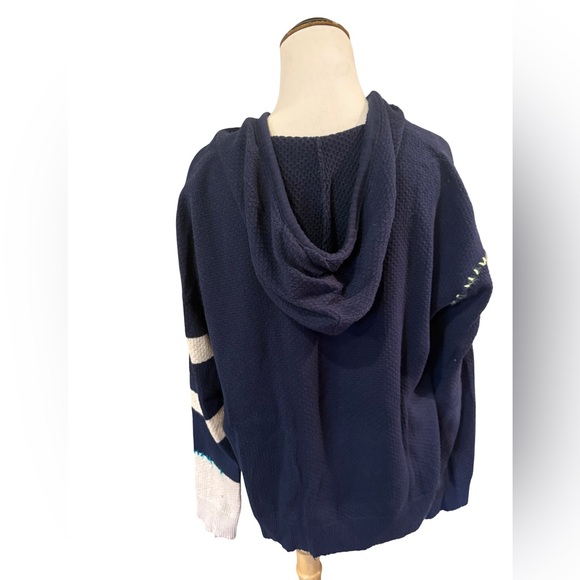 Lisa Todd Navy Blue Hooded Sweater with Striped Sleeves — Size L - Picture 3 of 3